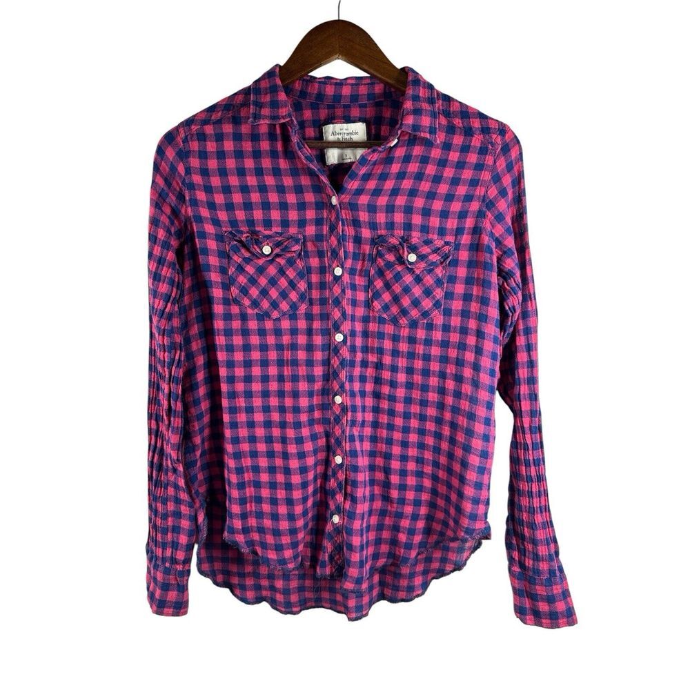 Abercrombie Womens  Pink Blue‎ Plaid Button Up  Shirt Long Sleeve Size S